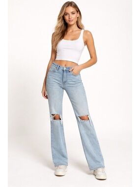 High-Rise Light Wash Distressed Straight-Leg Jeans - Light Blue